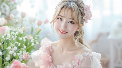 Japanese Woman Admiring Flowers in a Sunlit Garden / 日差しの庭で花を愛でる日本人女性