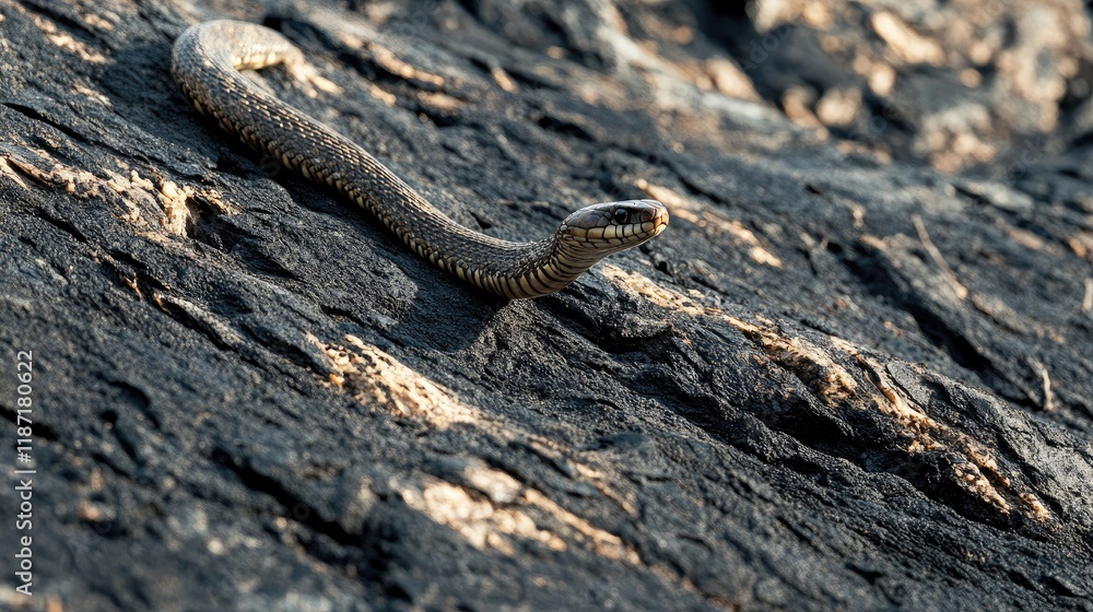 Obraz premium A snake slithering over blackened ground, demonstrating how wildlife adapts to post-forest fire environments.