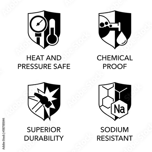 Cookware surface icons set - Heat, pressure safe, Chemical proof, Durability, Sodium resistant
