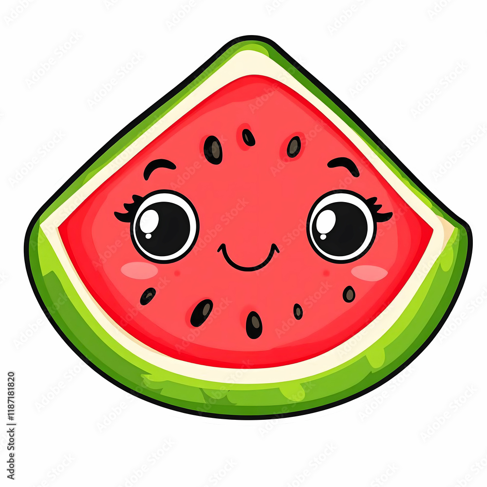 A cute watermelon slice with a smiling expression, designed for high-resolution vector stickers on a black background. The character is simple yet vibrant with clean lines and flat colors. A cute watermelon slice with a smiling expression, designed for high-resolution vector stickers on a black background. The character is simple yet vibrant with clean lines and flat colors.