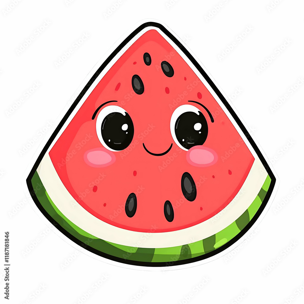 A vector illustration of a smiling watermelon slice with big eyes and an open mouth, designed for stickers on a black background. The character is rendered in simple shapes and bright, flat colors.
