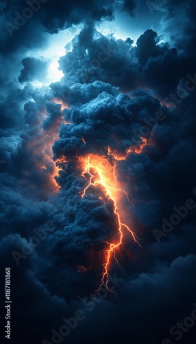 Wallpaper Mural Electric Storm, Dramatic Lightning Strike, Vibrant Blue Tendrils, Dark Sky, 3D Render Torontodigital.ca