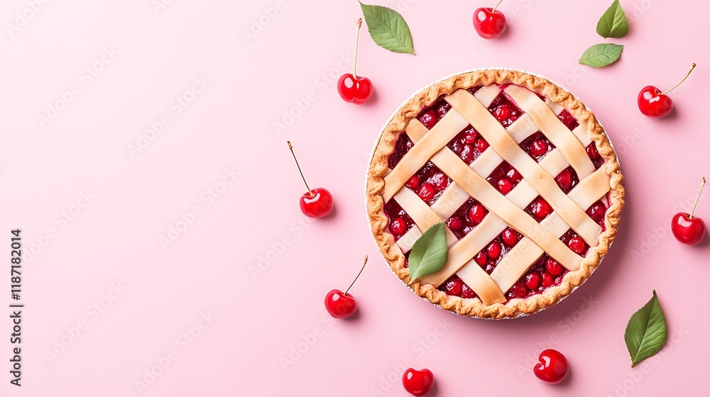 Delicious Cherry Pie Surrounded by Fresh Cherries and Leaves Delicious Cherry Pie Surrounded by Fresh Cherries and Leaves