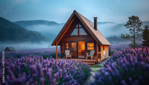 Charming wooden A-frame cabin amidst blooming lavender fields at dawn, soft hues