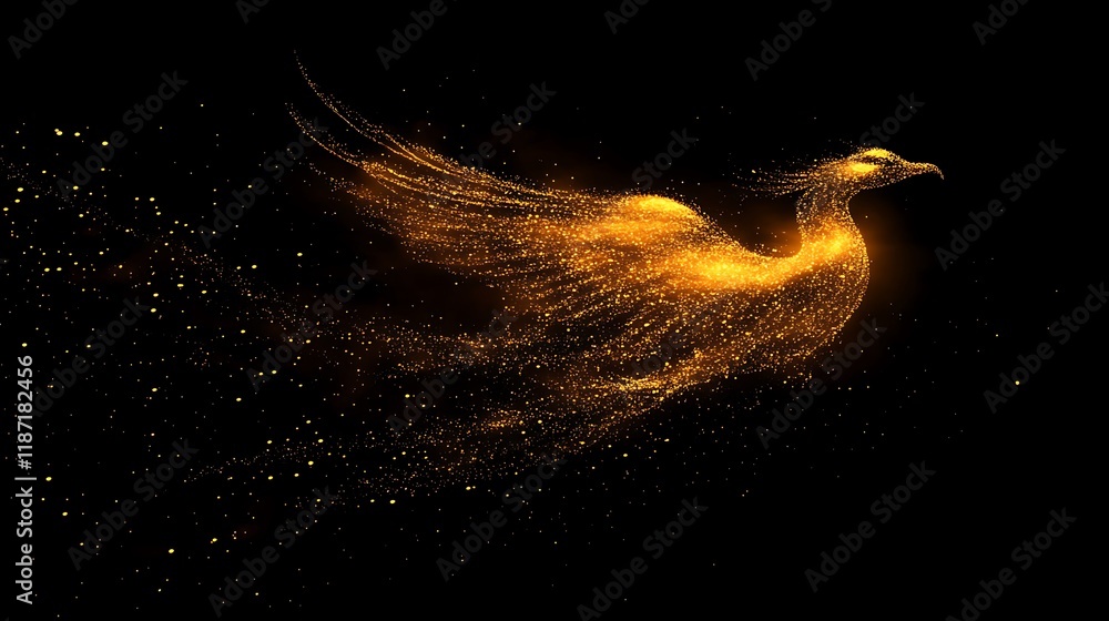 Fototapeta premium A cloud of glowing particles shaped like an abstract phoenix in flight