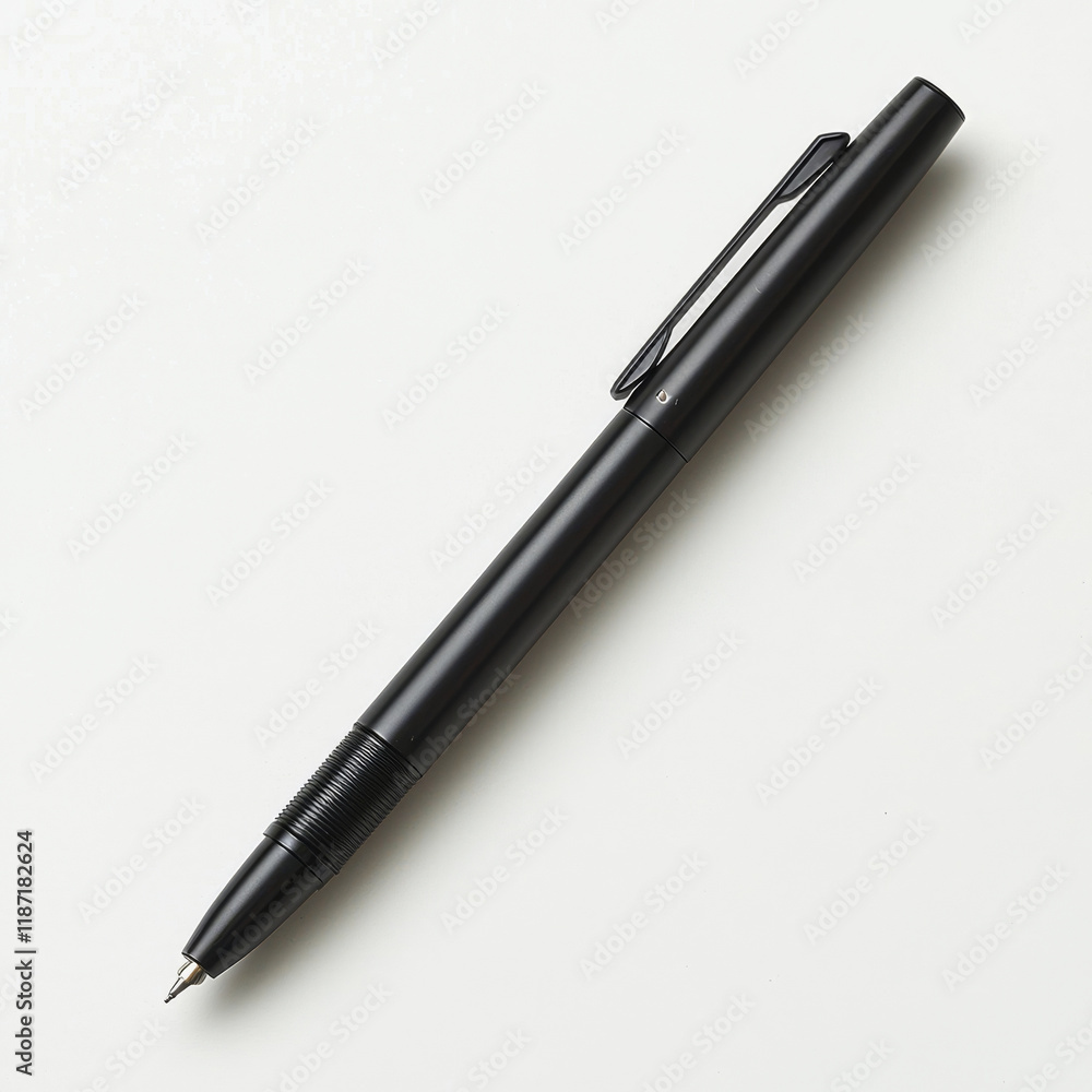 Sleek black pen on white background; minimalist design. Sleek black pen on white background; minimalist design.