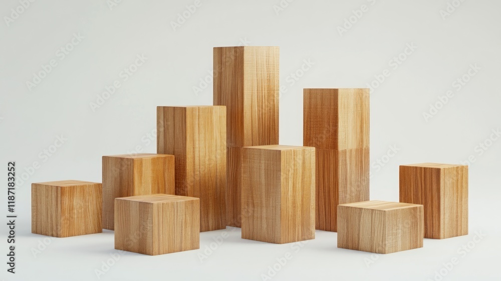 Wooden blocks of varying heights arranged on a white background, suitable for product display or presentation. Wooden blocks of varying heights arranged on a white background, suitable for product display or presentation.