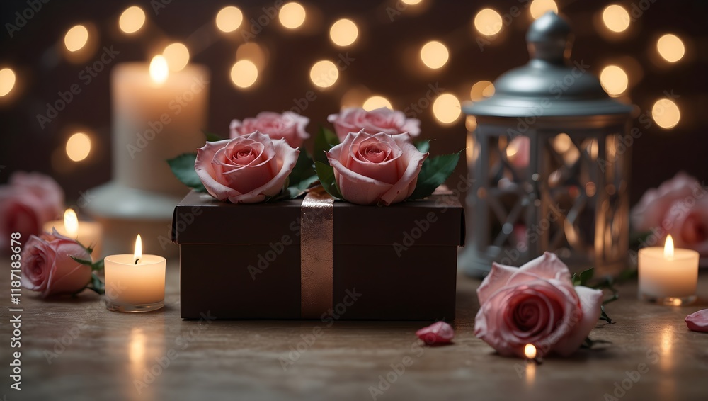 A romantic scene, featuring a gift box topped with roses, surrounded by lit candles and a decorative lantern against a bokeh background. A romantic scene, featuring a gift box topped with roses, surrounded by lit candles and a decorative lantern against a bokeh background.