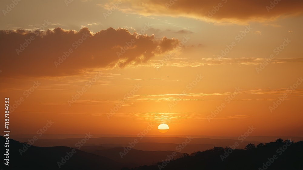 Stunning sunset over mountain range. Warm golden light illuminates the hazy landscape. Perfect for travel, nature, and serenity themes Stunning sunset over mountain range. Warm golden light illuminates the hazy landscape. Perfect for travel, nature, and serenity themes