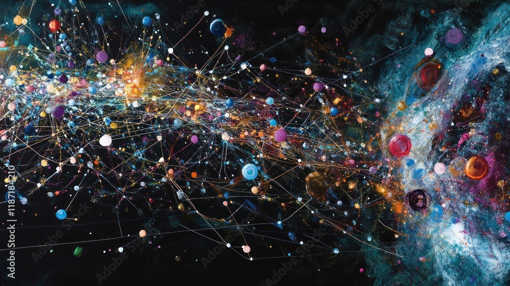 Obraz premium Cosmic Network: A vibrant abstract artwork depicting a sprawling network of interconnected nodes, resembling a celestial constellation or neural network.