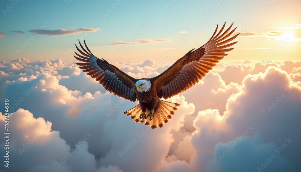 Obraz premium Majestic bald eagle soaring over fluffy clouds at sunrise.