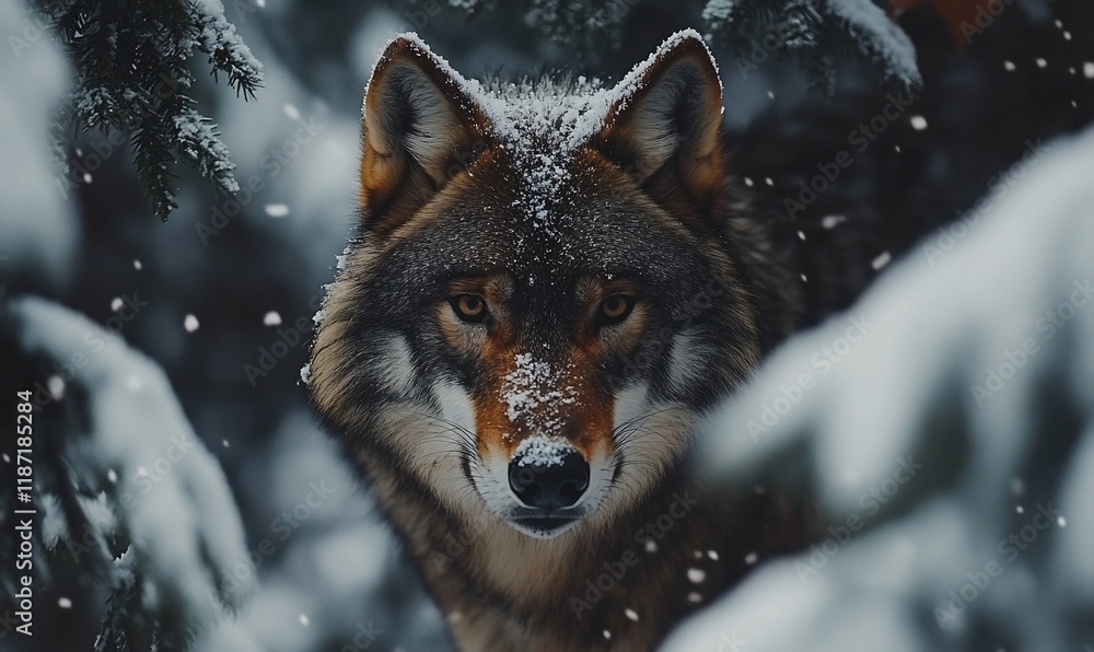 Fototapeta premium Wolf in snowy forest, looking directly at viewer, wildlife portrait, possible use for nature, animal, or winter themed publications