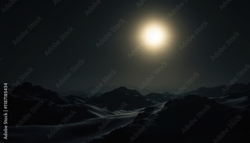 Majestic Lunar Mountainscape: A Nighttime Panorama Majestic Lunar Mountainscape: A Nighttime Panorama