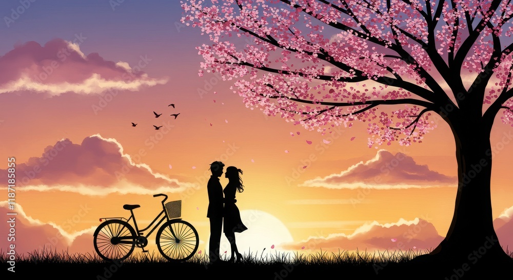 Fototapeta premium Silhouette of Couple Under Pink Blossom Tree at Sunset with Birds and Bicycle Nearby, Silhouette of Couple Under Pink Blossom Tree at Sunset with Birds and Bicycle Nearby
