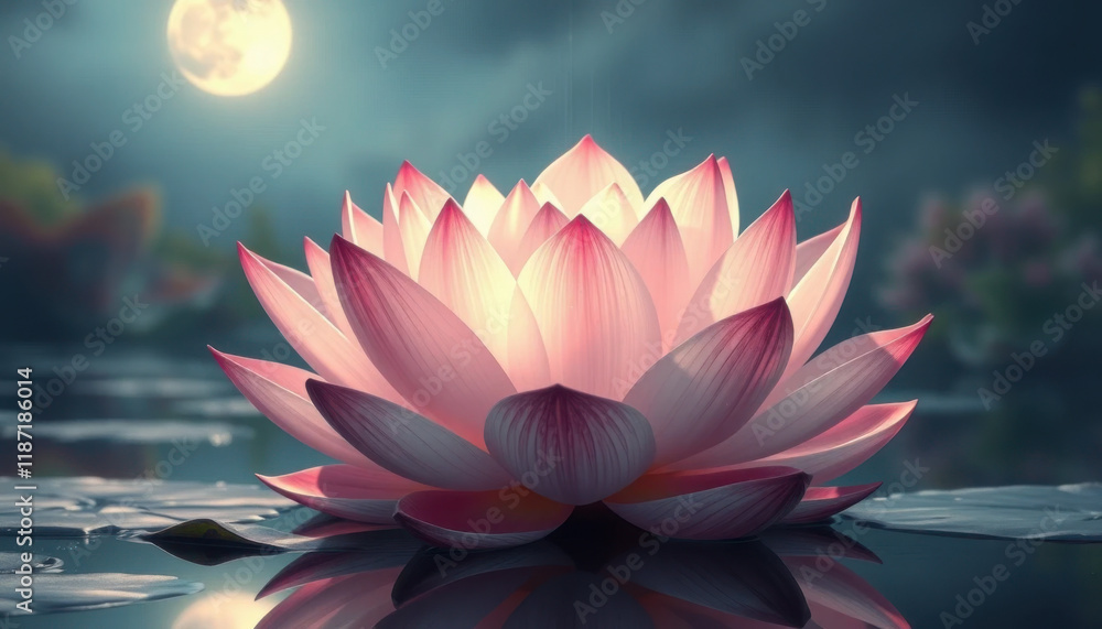 Beautiful pink lotus flowers illuminated by a full moon over a tranquil pond Beautiful pink lotus flowers illuminated by a full moon over a tranquil pond