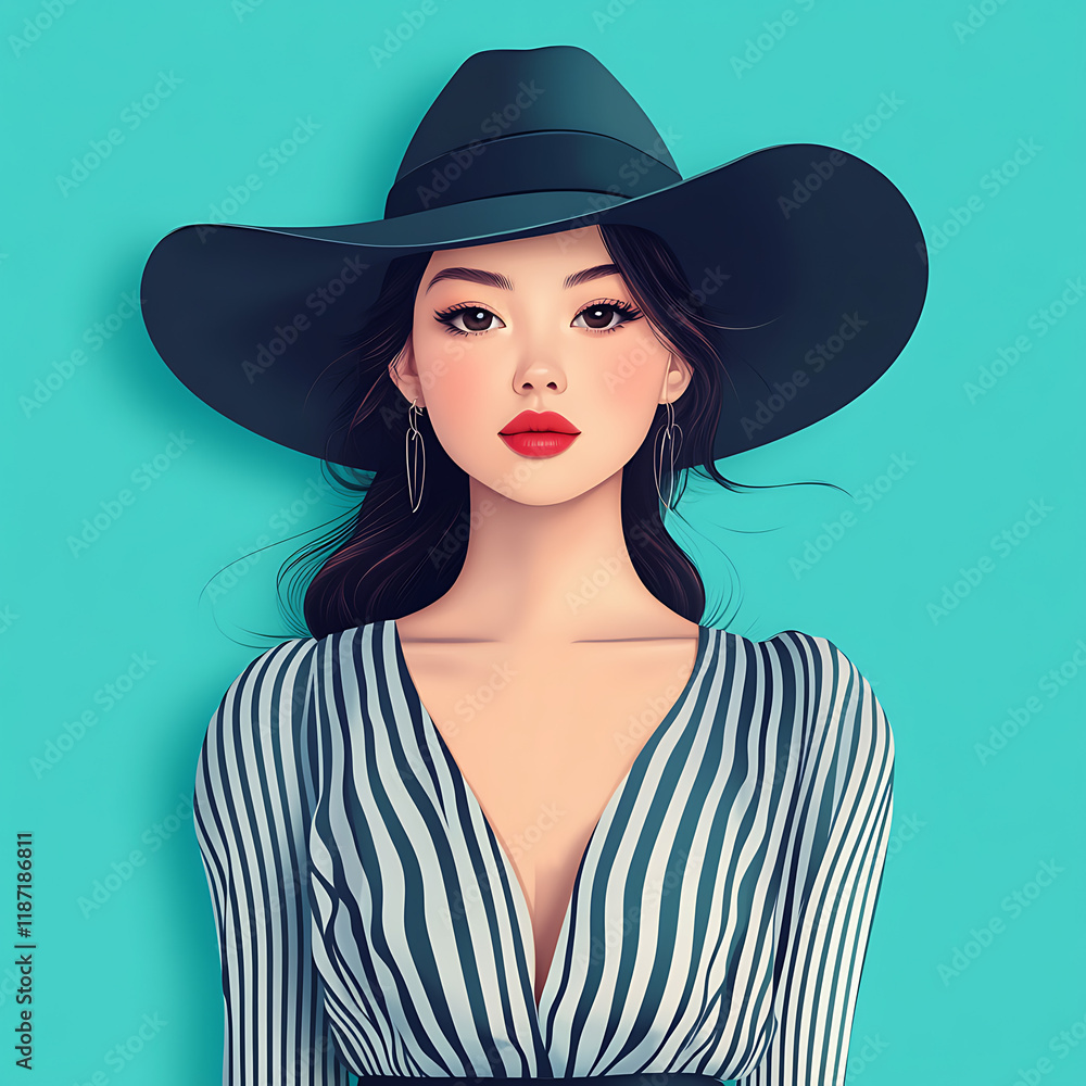 Stylish woman in a wide-brimmed hat, wearing a striped dress against a vibrant teal background. A captivating portrait ideal for fashion or beauty. Stylish woman in a wide-brimmed hat, wearing a striped dress against a vibrant teal background. A captivating portrait ideal for fashion or beauty.