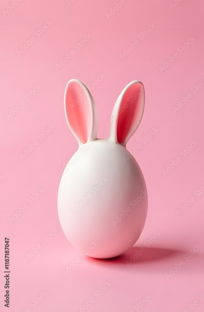 Fototapeta premium an Easter egg. A pink egg with small pink ears is depicted on a pink background. Vertical photo, place for text, place for advertising