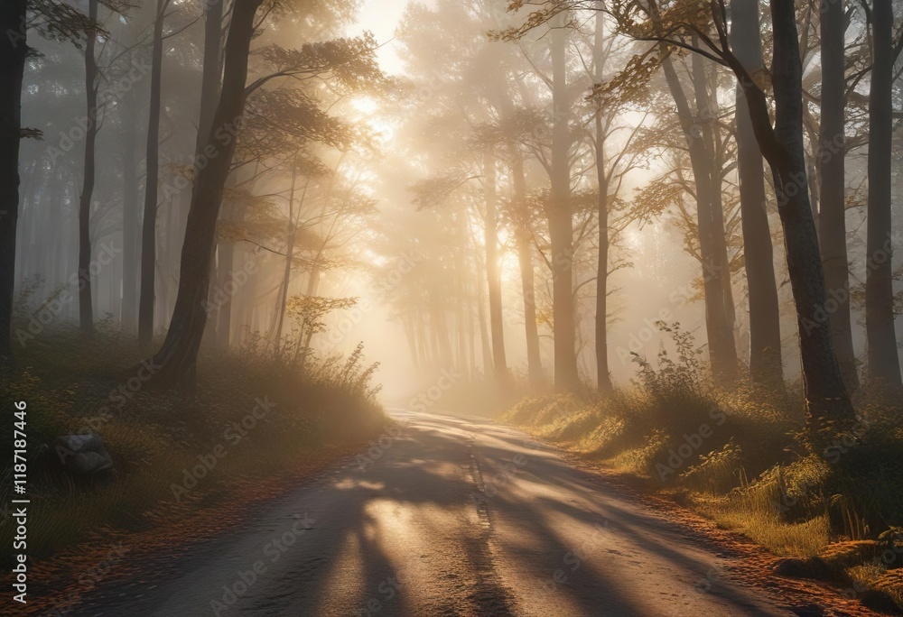 Fototapeta premium Foggy forest road at dawn with golden light filtering through, misty landscape, forest road