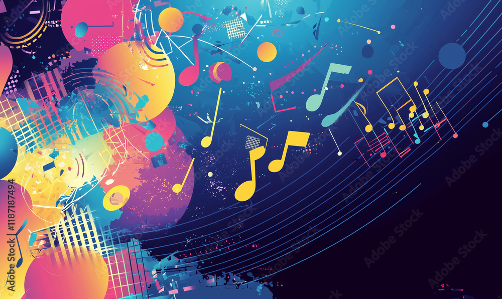 Obraz premium Colorful abstract music composition with notes and vibrant shapes creating a lively atmosphere.