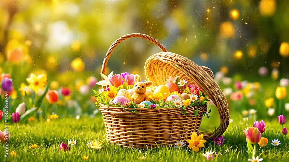 Magical Spring Basket with Bunny, Easter Eggs, and Vibrant Flowers in Sunlit Garden. Easter concept Magical Spring Basket with Bunny, Easter Eggs, and Vibrant Flowers in Sunlit Garden. Easter concept