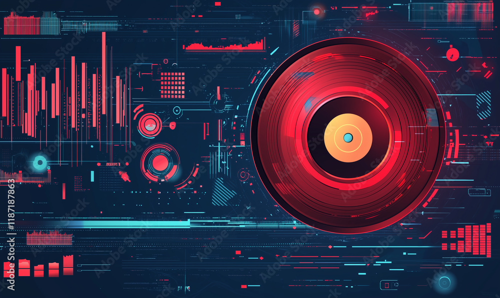 Fototapeta premium Digital abstract design featuring a central circular element with vibrant colors and data visualization elements.