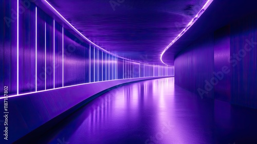 Curved corridor illuminated by vibrant purple lights creating fu