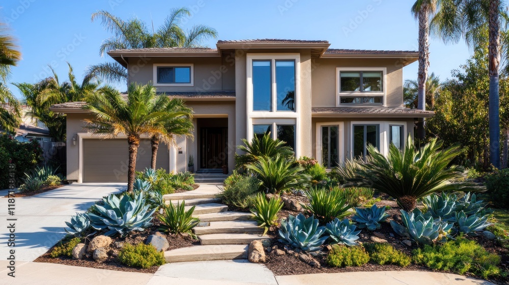 Modern two-story house with landscaped yard, driveway, and palm trees. Modern two-story house with landscaped yard, driveway, and palm trees.