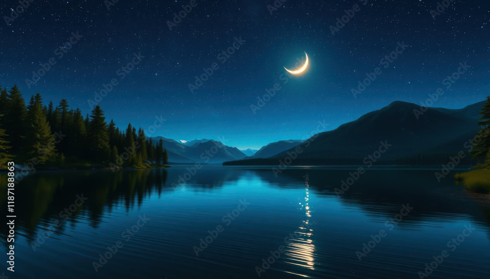 Serene crescent moon over a calm lake surrounded by mountains and pine trees Serene crescent moon over a calm lake surrounded by mountains and pine trees