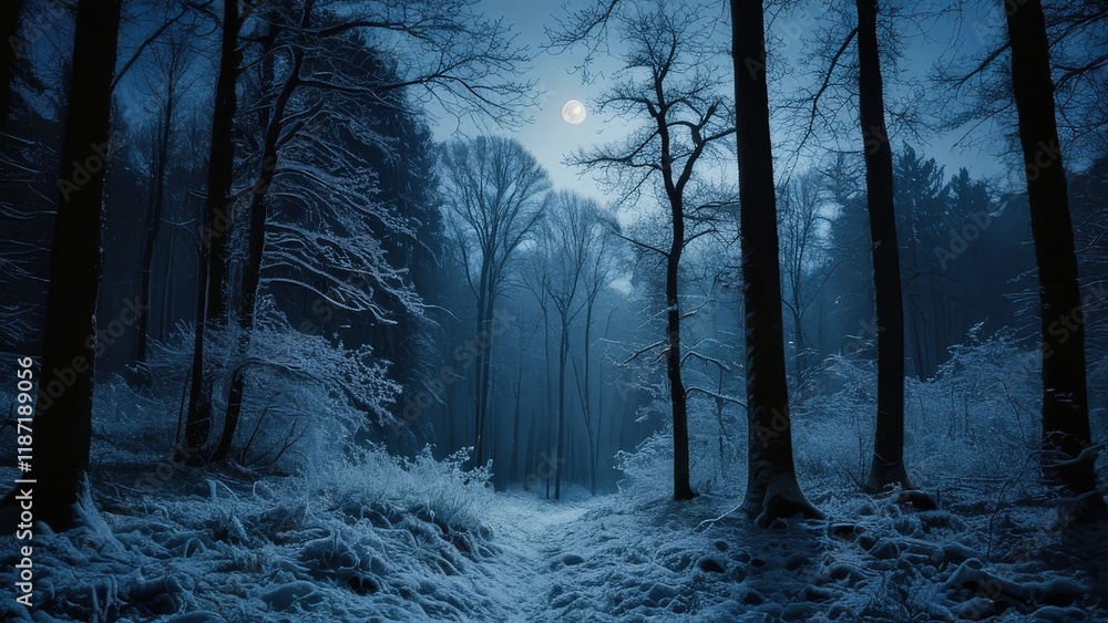Fototapeta premium Full moon shining over a snowy winter forest at night. Magical winter scene. Perfect for winter wonderland, Christmas, or fairytale themes