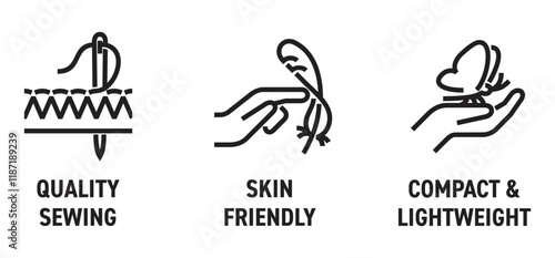 Towel or cloth icons set - Lightweight, Skin friendly, Quality Sewing, in bold line