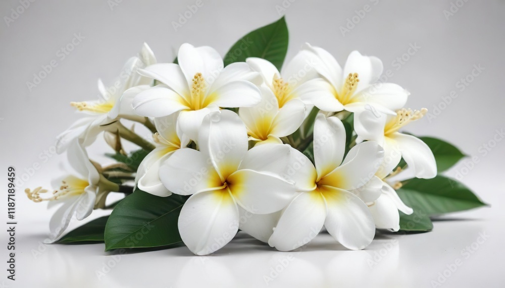 Naklejka premium Fresh white frangipani bloom on a white backdrop, pure white, blossom, close-up, foliage