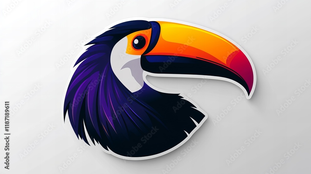 Naklejka premium Vibrant toucan illustration, showcasing its colorful beak and dark plumage against a clean white background.