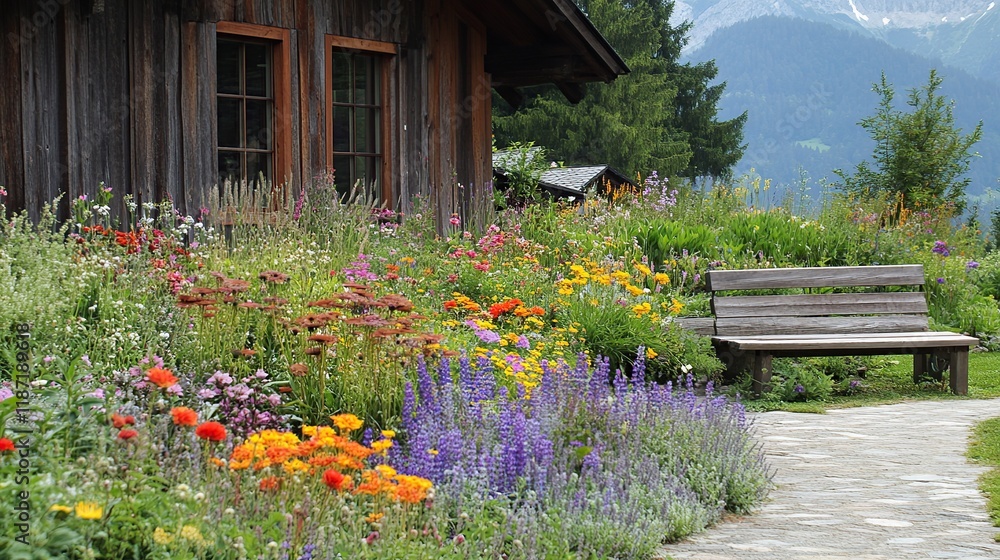 Fototapeta premium Rustic wooden bench in a vibrant alpine flower garden beside a wooden cabin.