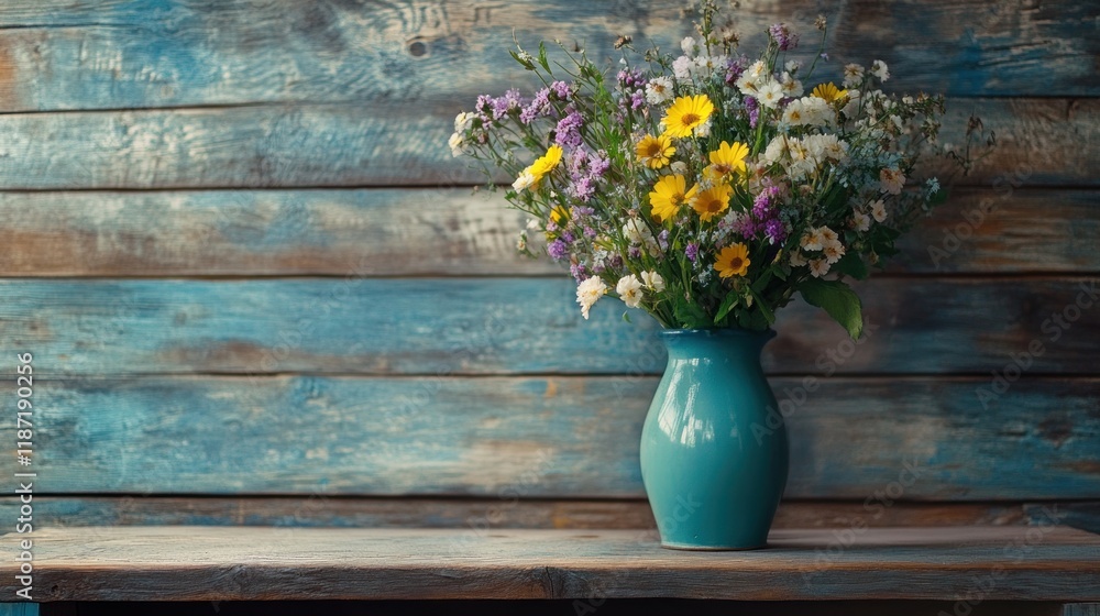 Rustic Still Life: Vibrant Wildflower Bouquet in Teal Vase Against Weathered Wooden Background Rustic Still Life: Vibrant Wildflower Bouquet in Teal Vase Against Weathered Wooden Background