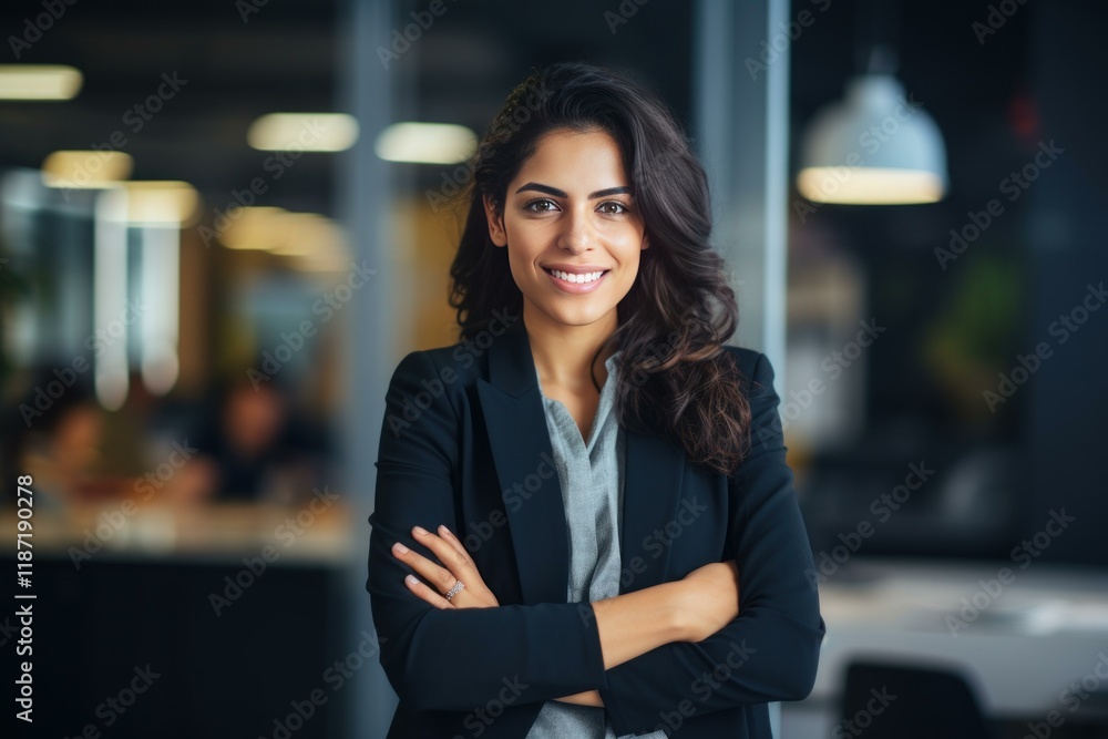 Naklejka premium Portrait of a smiling businesswoman standing with crossed arms in a modern office, exuding confidence and professionalism