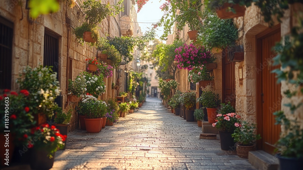Obraz premium Flower-lined street in old town at sunrise, blurred people stroll.