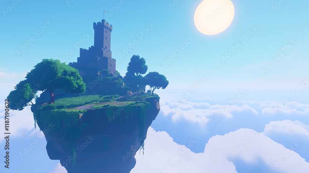 Fototapeta premium Floating island castle in sky with clouds and sun.