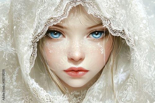 A young woman with striking blue eyes and a subtle rosy tint on her cheeks photo