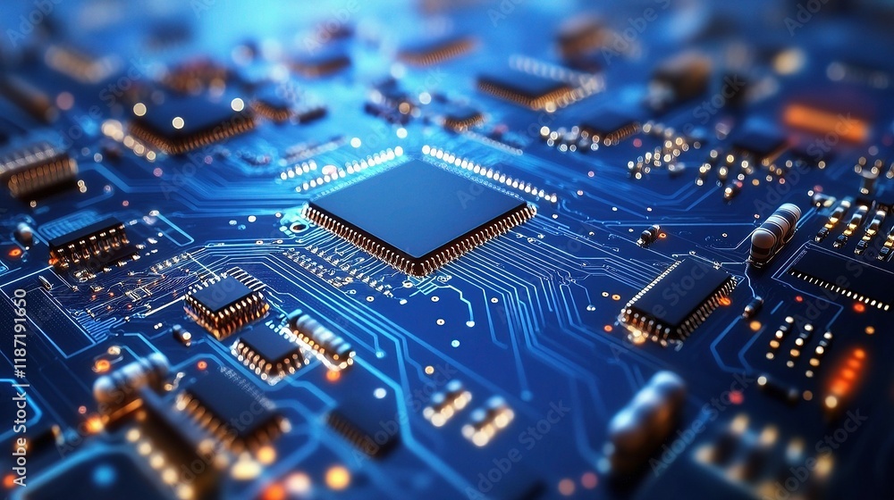 Detailed Electronic Circuit Board with Blue Lines and Components Detailed Electronic Circuit Board with Blue Lines and Components