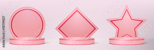 Romantic love pedestal podium collection for product presentation with backdrop red lines and pink edging trim