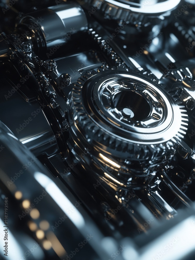 Fototapeta premium Intricate arrangement of shiny metal gears and components showcases the precision of engineering in a mechanical assembly. The reflective surfaces highlight the complexity of the design