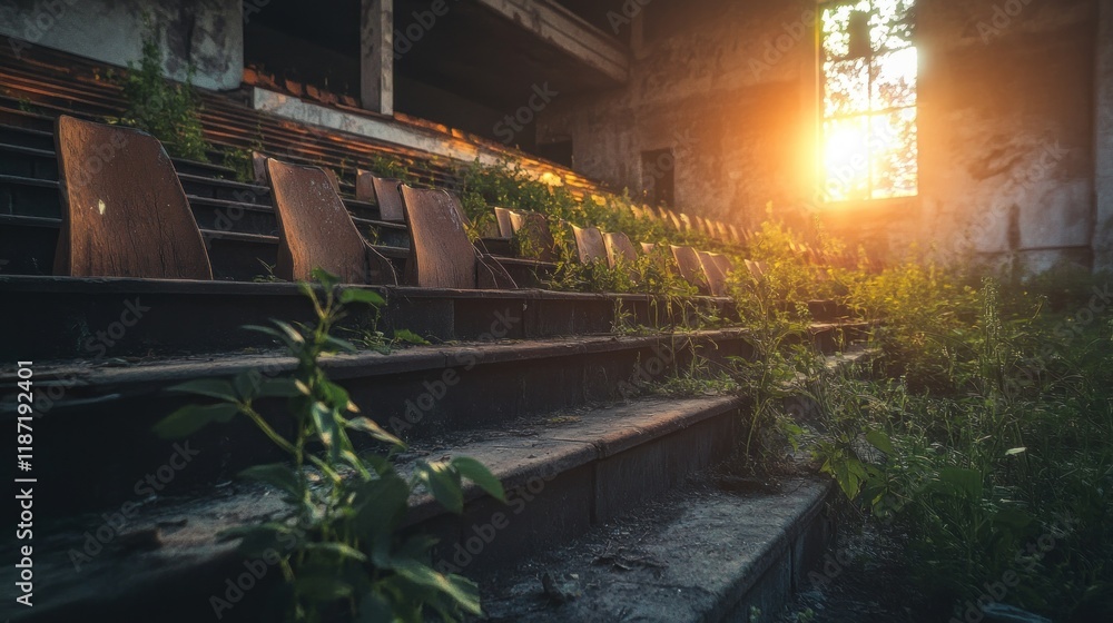 Abandoned Stadium Overgrown with Nature, Sunset Light Abandoned Stadium Overgrown with Nature, Sunset Light