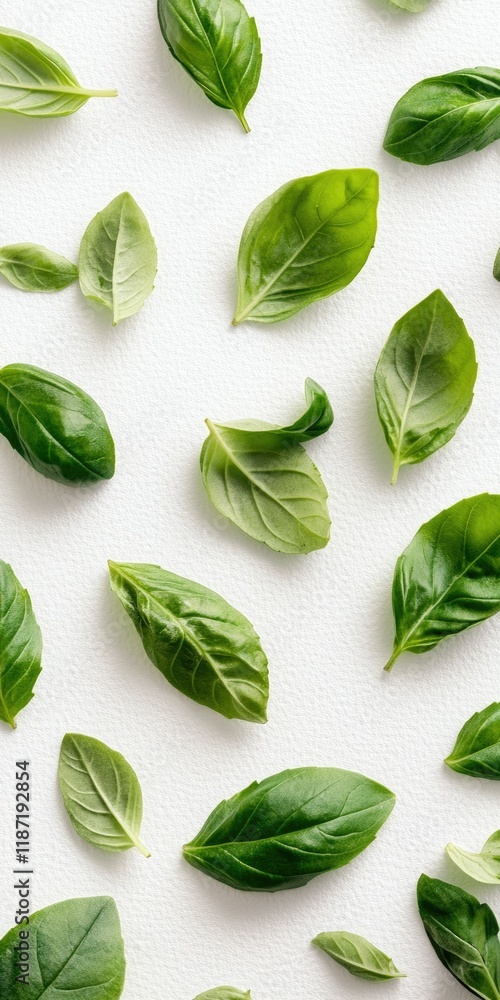 Fresh Basil Leaves on a Textured White Background Fresh Basil Leaves on a Textured White Background