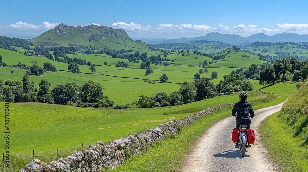 Cyclist on rural road, scenic green valley, distant hills, summer adventure. Cyclist on rural road, scenic green valley, distant hills, summer adventure.
