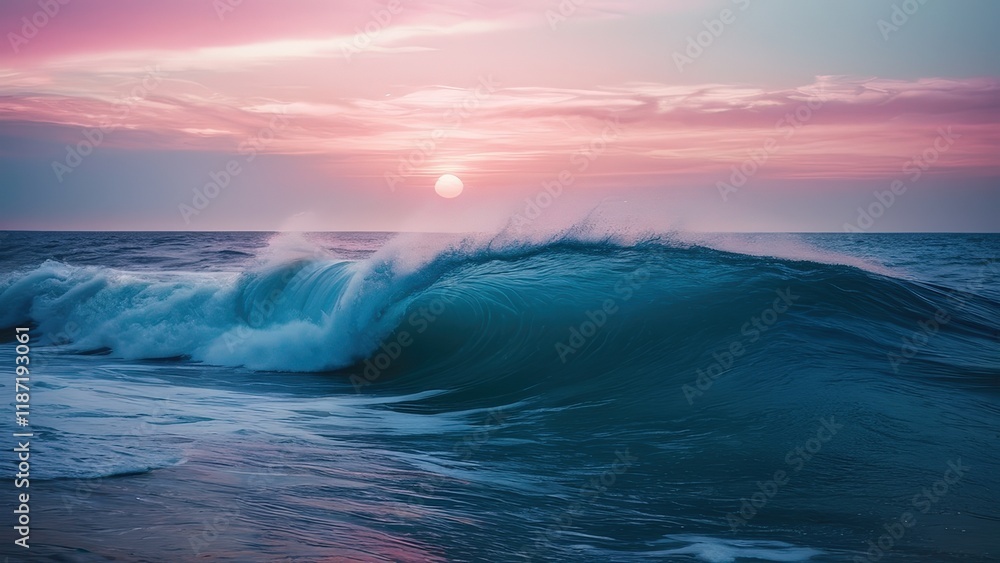 Obraz premium Stunning teal wave crashing on the beach at sunset. Pink and purple sky, tranquil ocean scene. Perfect for travel, nature, and serenity themes
