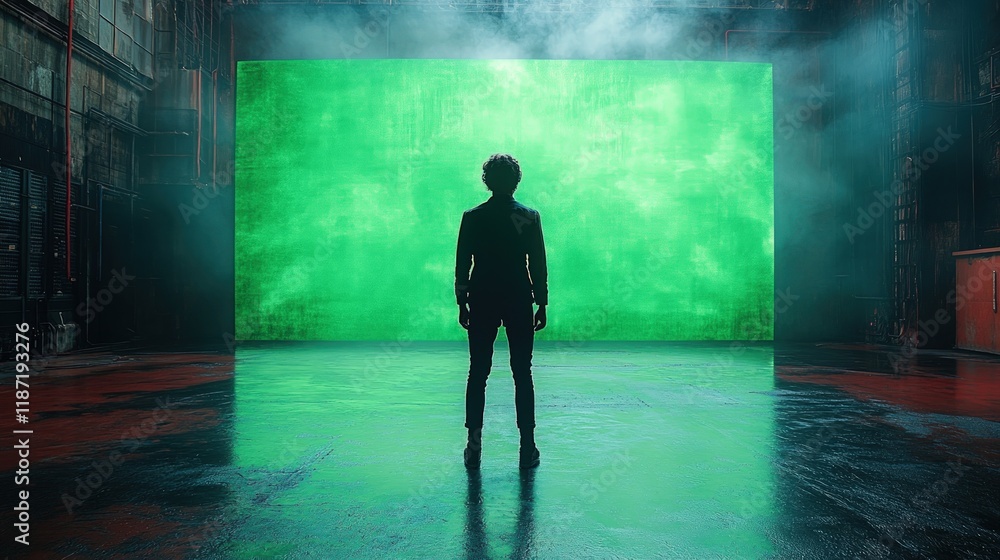Obraz premium Silhouette facing large green screen, industrial setting.