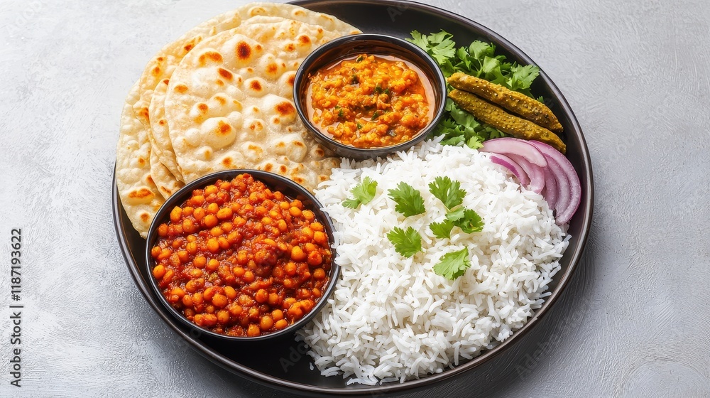 A colorful platter featuring rice, bread, lentils, and garnishes, showcasing a delicious and traditional Indian meal. A colorful platter featuring rice, bread, lentils, and garnishes, showcasing a delicious and traditional Indian meal.