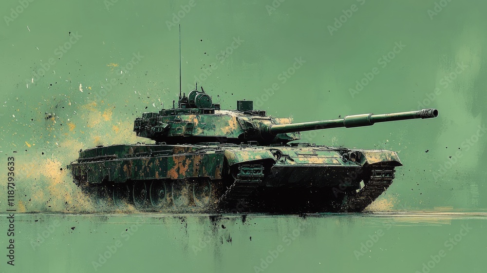 Camouflaged tank moving, dust trail, green background. Camouflaged tank moving, dust trail, green background.