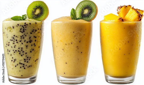 Three fruit smoothies, kiwi, mango, pineapple, healthy drink, close-up photo