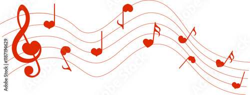 Red music notes, heart shape musical symbols, vector illustration.